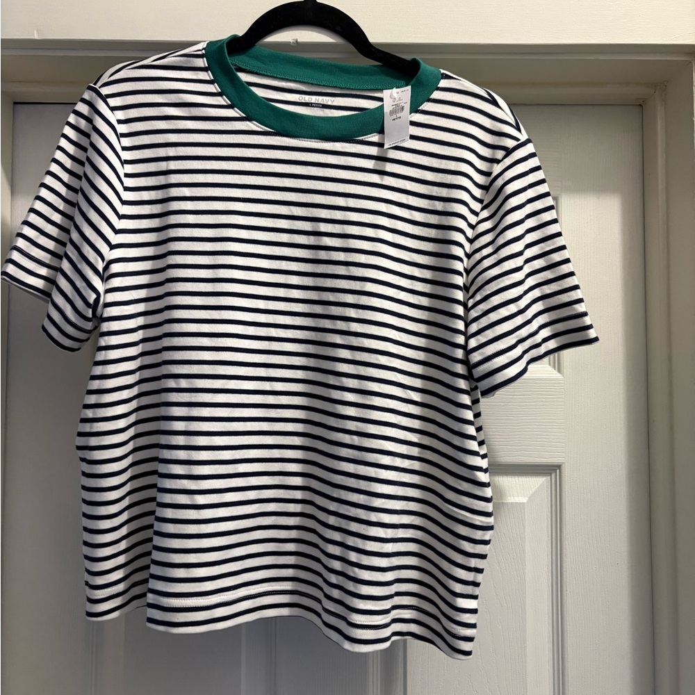 Old Navy White and Navy Striped Tee with Green Crewneck